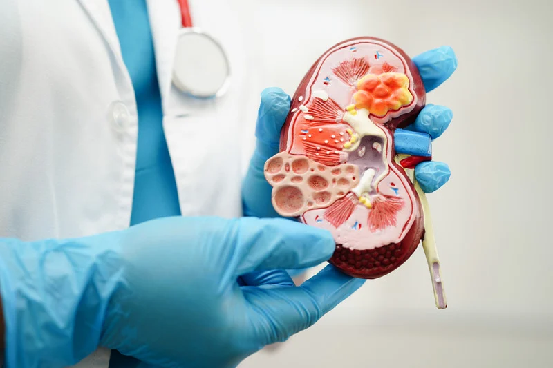Specialist holding a kidney model to explain end-stage renal disease (ESRD) treatment and dialysis access in the Southwest Michigan area